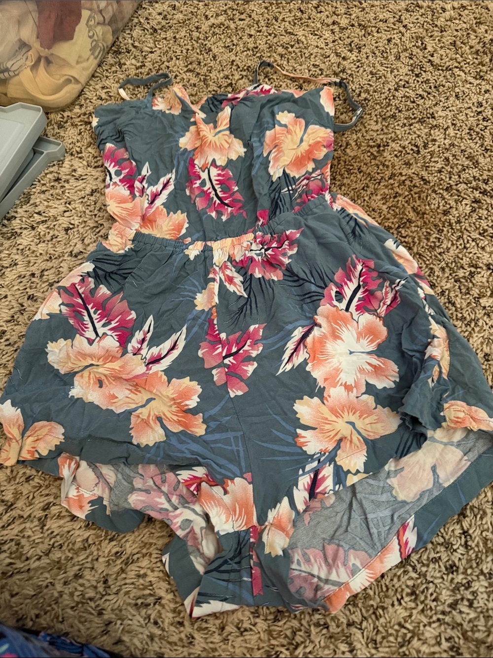 Roxy Floral Romper in Slate Blue with Peach & Pink Blooms